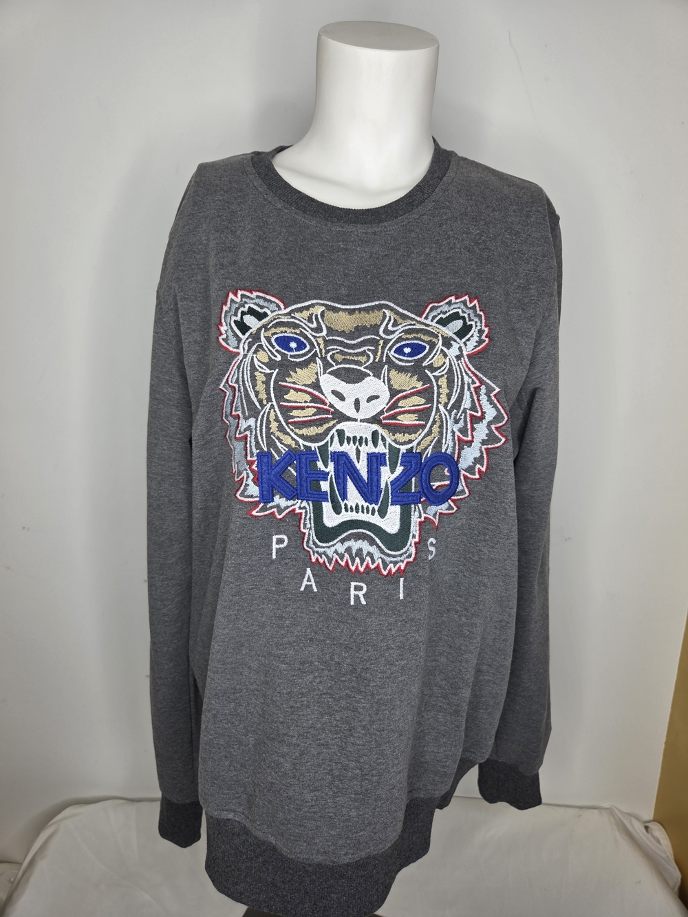 Kenzo Size L  Grey Crewneck Sweatshirt with Multicolor Tiger Embroidery